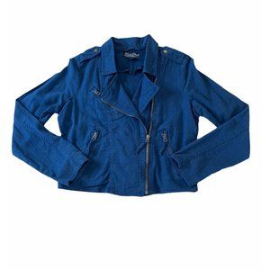 Womens Sz M Lucky Brand Zip Up Cropped Navy Blue Coat Jacket Blazer Zip Pockets